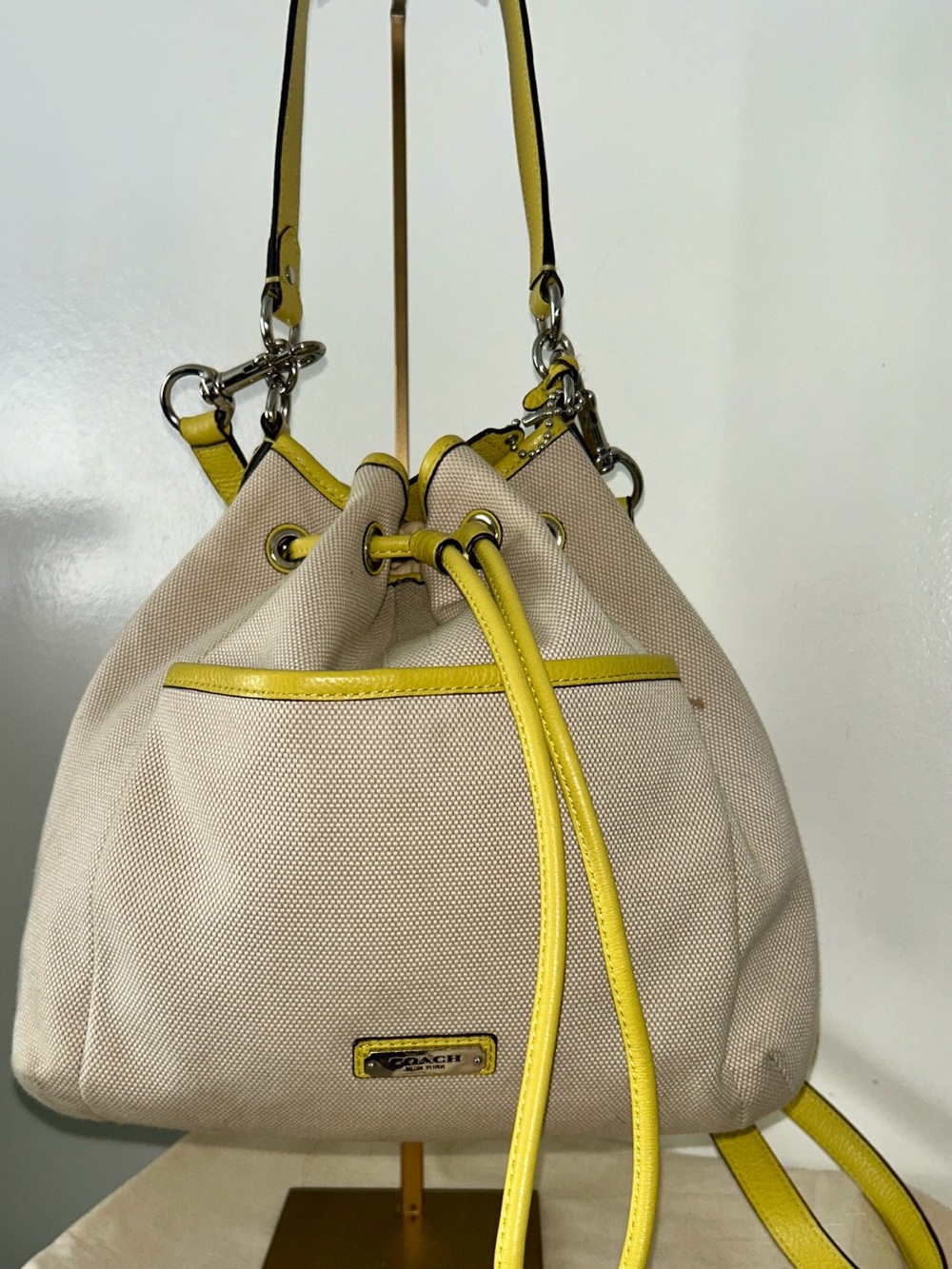 Coach Avery Canvas Drawstring Bucket Bag in Silver/Natural/Chartreuse
